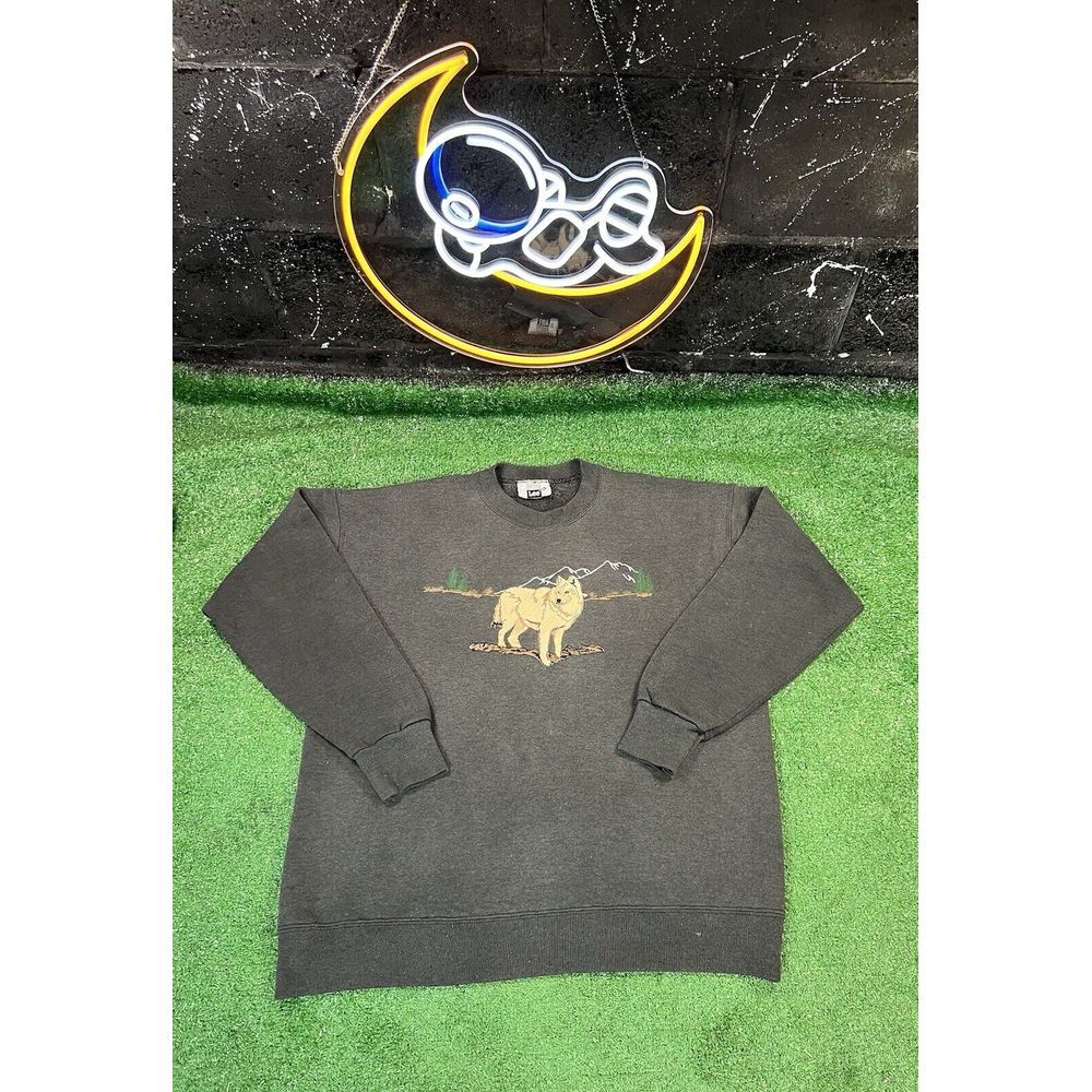 Vintage Dark Gray Sweatshirt with Tan Wolf Graphic